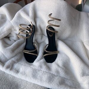 Margot Black Jewel Sandals Snake Heels by Rene Caovilla